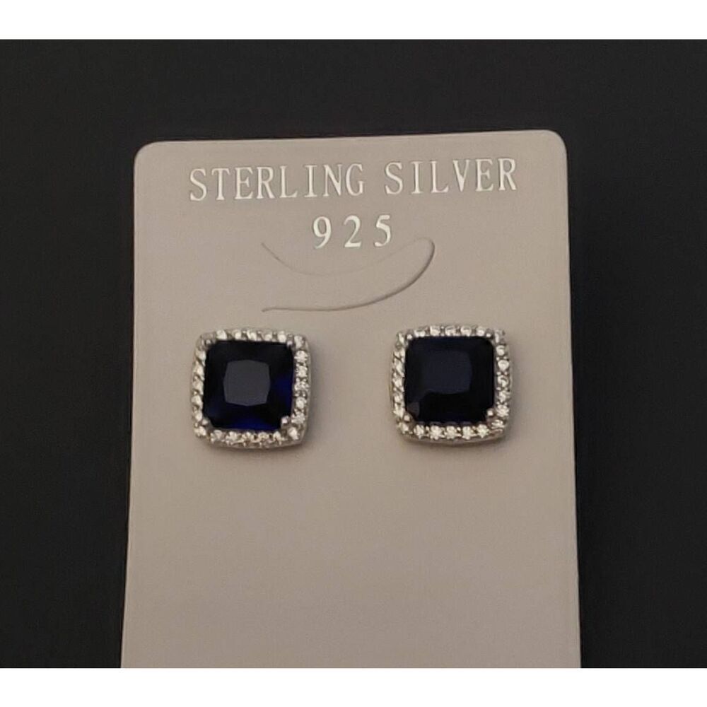 2.5 CT. Lab Sapphire Cushion Cut Halo Stud Earrings~.925 Sterling Silver